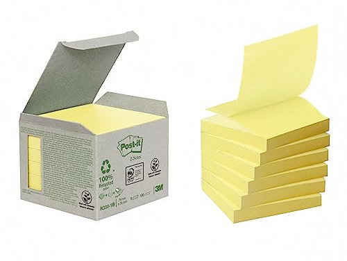 Post-it Haftnotiz Recycling Z-Notes Mini Tower, 76 x 76 mm, 100 Blatt, 6 Block, Pastellgelb - in Weiteren Farben Verfügbar - Selbstklebende Notizzettel aus 100% Recyclingpapier