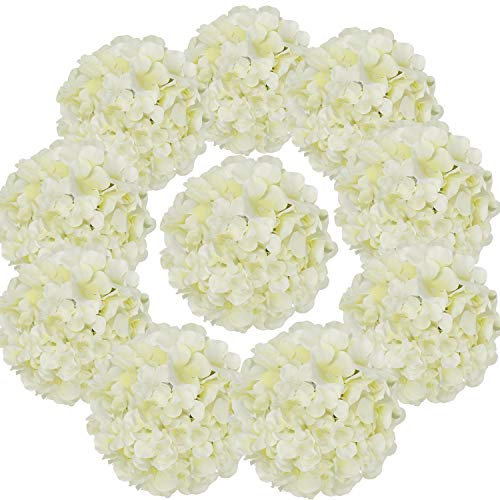 Flojery Silk Hydrangea Heads Artificial Flowers Heads with Stems for Home Wedding Decor,Pack of 10 (Ivory)