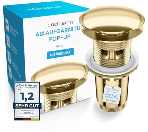 Bächlein Universal Ablaufgarnitur mit Überlauf (Gold) - Pop Up Ventil für Waschbecken und Waschtisch – Ablaufventil Abflussgarnitur aus Messing mit Einbauanleitung