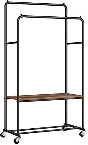 HOOBRO Kleiderständer auf Rollen, Schwerlast Kleiderstange, Garderobenständer mit 2 Kleiderstangen und Ablage, bis 100 kg Belastbarkeit, für Schlafzimmer, Flur, Dunkelbraun-Schwarz EBF22LY01