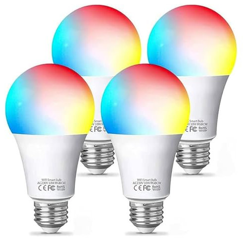 Fitop Alexa Glühbirne Smart Lampe E27, WLAN Lampe LED Kompatibel mit Alexa/Google Home, 9W, Dimmbar Warmweiß-Kaltweiß und Mehrfarbige Birne, Kontrolle durch APP, Kein Hub Benötigt, 4 Stück