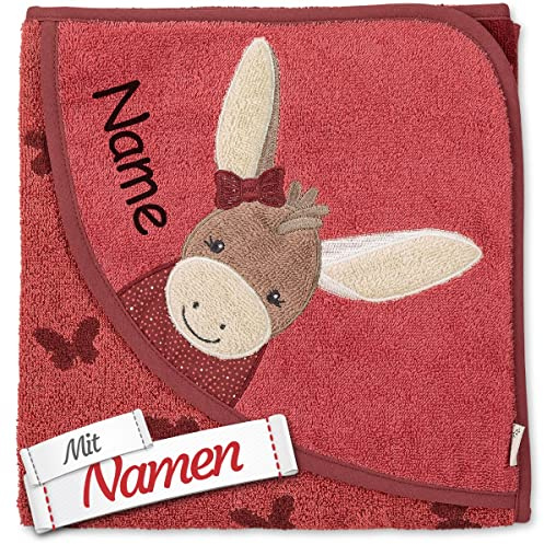 Sterntaler Kapuzenhandtuch Esel Emmily & Emmilius mit Namen Bestickt für Baby & Kinder, Frottee Badetuch Badehandtuch/Kinder-Badetuch mit Kapuze personalisiert, Mädchen 100x100