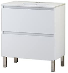 Baikal Conjunto Mueble de Baño con Lavabo, Mueble con Patas, en Varios Acabados, Melamina 16, Sin Espejo. Puerta + Cajón 80 cm Blanco, 280034892, 80 X 46 X 82 cm