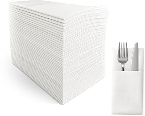 SUZZYVINE Servietten mit Bestecktasche, Hochzeitsparty, Leinengefühl, weiße Serviette, Vorgefaltet für Besteck, 100 Stück, 40×40cm (Weiß)