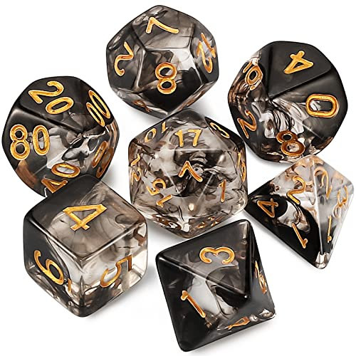 QMAY DND Dice Polyedrisches Würfel Set - 7 Stück für Dungeon und Dragons MTG RPG D&D D20, D12, D10, D%, D8, D6, D4 (Schwarze schwimmende Seide transparent)