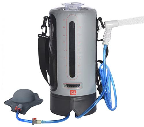 LOSOO Campingdusche - 12 l große Außendusche mit Fußpumpe | Auslaufsicheres, praktisches Campingzubehör mit Heißwasserunterstützung und Wasserstandsfenster