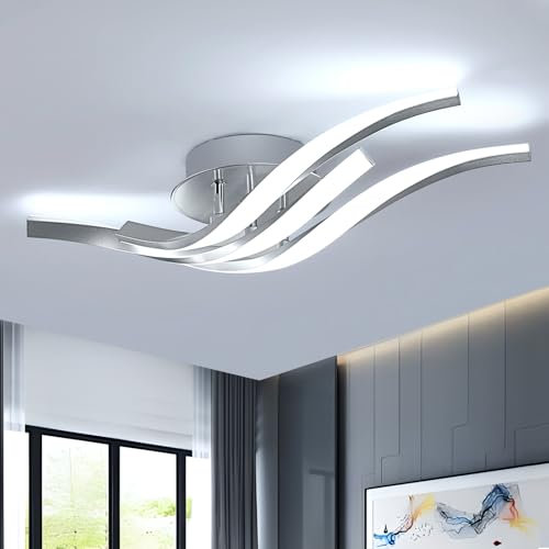 Toollight LED Ceiling Light, 24W 2700LM 3-Curved Ceiling Lamp Silver, Modern LED Lights Fixtures for Living Room Kitchen Bedroom Corridor, Cold White Light 6500K, Long 52cm