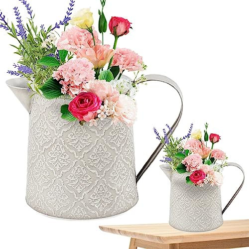 Rustic Metal Flower Vase, White Chic Vintage Farmhouse Jug Vase, Galvanized Milk Jug Pitcher Flower Vase for Home Decoration