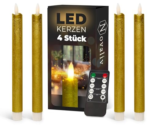 Stabkerzen LED mit Timer GOLD 4 Stück GOLD indoor - 6 Stunden - ECHTWACHS 23cm Höhe für Kerzen 2,2cm Durchmesser 2 AAA Batterien notwendig LED Stabkerzen flackernde Flamme bewegliche Flamme Licht