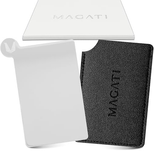MAGATI Handspiegel klein inkl. Schutzhülle, Spiegel in Kreditkartenformat mit Griff aus Edelstahl, Taschenspiegel, Kosmetikspiegel, Kleiner Spiegel, schminkspiegel 9.5x5.5cm, 1 Stück
