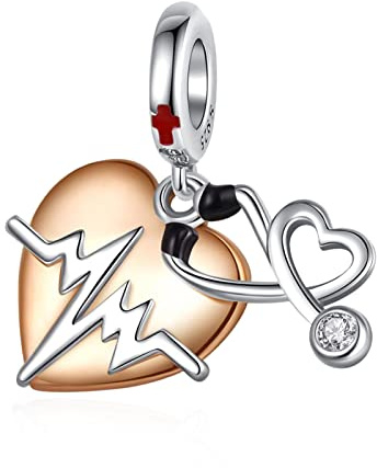 Rimgoris 925er Sterlingsilber Stethoskop Herz Charm EKG Roségold Perle Passt zu europäischen Schlangenkett-Armbändern, Medizin Geschenk für Krankenschwestern & Ärzte