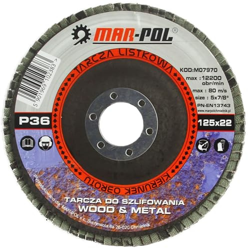 Juego de 10 discos abrasivos laminares en abanico | Ø125 mm | Grano P36 | Orificio interno Ø22,2 mm | Velocidad máxima 12.200 rpm | para amoladora | para metal y madera
