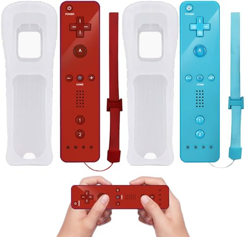 Wii-Fernbedienung, 2x Wii Controller Gamecontroller Wireless Remote Bewegungssensor Vernbedinung Ersatz Gamepad Controller für Wii und Wii-Konsole, mit Silikonhülle und Handschlaufe(Rot+Hellblau)