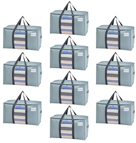 VENO Extra Große Umzugstasche, Aufbewahrungstaschen mit Reißverschluss,Aufbewahrungsbox mit Deckel,für Umzug,Bettdecken, Kleideraufbewahrung, Alternative zu Umzugskartons.(Hellblau, 10er-Pack)
