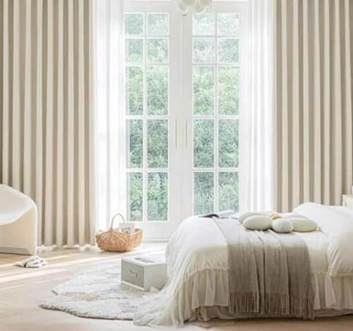 Gualiy Vorhänge 2er Set Blickdicht, Verdunklungsvorhänge Schlafzimmer Ösen Einfarbig Plissee Struktur Vorhang B 102 x H 160 cm Gardinen Wohnzimmer Modern, Beige Weiß