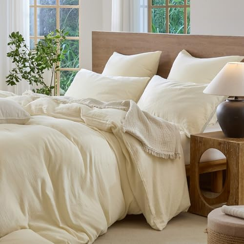 Sedefen Musselin Bettwäsche 200x220 Baumwolle Creme,Oeko-TEX Zertifiziert | Doppelte Musselin,Atmungsaktiv Bettwäsche für Allergiker,4 Jahreszeiten Set,Bettbezug 2 Kissenbezüge 80x80 mit Reißverschluss
