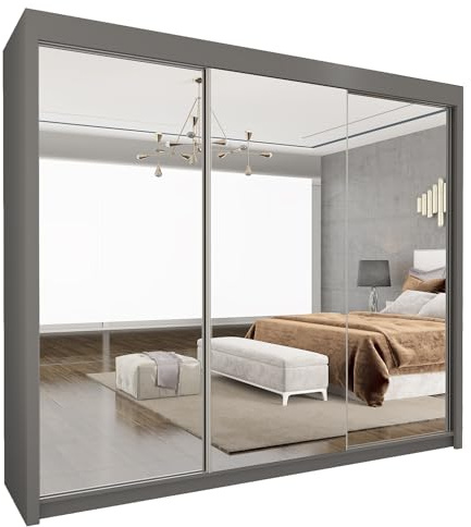Style Heaven Modern Sliding Door Wardrobe for Bedroom,Matt Finish,3 Mirrored Sliding Doors wardrobes 6 Adjustable Shelves & 2 Hanging Rail,made of MDF Chipboard, aluminium Handles Chicago(250cm Grey)