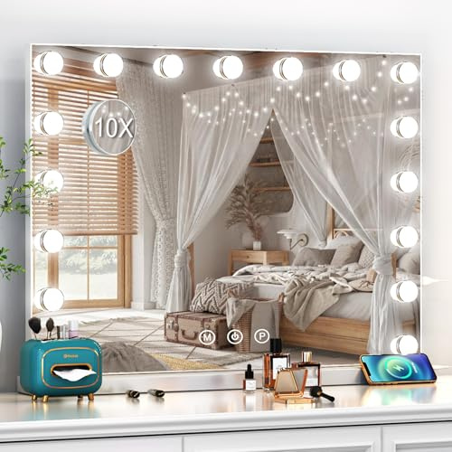 Dradaomull Espejo Maquillaje con Luz, Espejo tocador con 17 Bombillas LED, 3 Modos, Espejo Maquillaje con Puerto de Carga USB y Lupa 10x, Mesa y Pared - 80 * 60cm