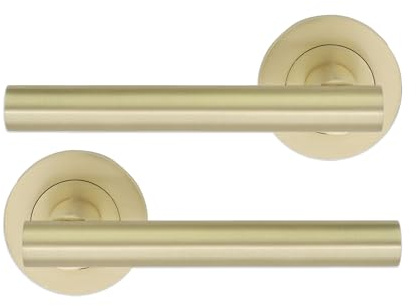 Infinity Decor T Bar Lever on Rose Mortice Sprung Latch Door Handles Set Passage Pull Handles – Ideal for Interior & Exterior Use   (Satin Brass)