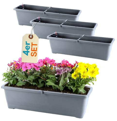 GarPet 4er Set Blumenkasten mit Wasserspeicher Blumenkasten Fensterbank Pflanzkasten Outdoor Wasserstandsanzeiger Gießschacht Bewässerungsband 50 cm Anthrazit