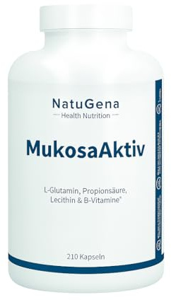 NatuGena MukosaAktiv L-Glutamin (2000 mg), L-Alanyl-L-Glutamin (200 mg), Propionsäure (250 mg), Extrakte aus Kamille, Weihrauch, 210 Kapseln