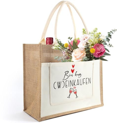 Tarklanda Jutetasche für Frauen, Geschenk Damen Jute Shopper Bag, Jute Einkaufstasche mit Spruch Bin Kurz (W) Einkaufen, Geschenk für Frauen, Ehefrau, Freundin, Kollegin zum Geburtstag, Urlaub, Party