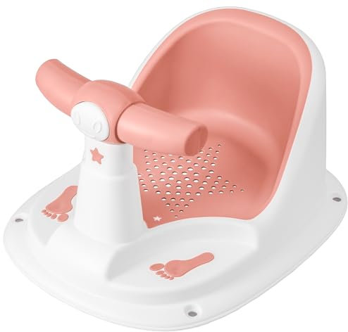 ALMAR Baby Siège de bain de bébé pour douche ou baignoire en forme de moto avec ventouses, chaise antidérapante pour enfants de 6 à 24 mois, blanc et rose