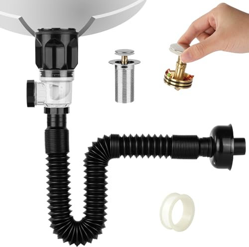 HOTUT Bathroom Sink Drain Kit, Pipe Connector Waste Water Trap Kit Flexible Waste Pipe, Odour-Proof Sink Waste Trap, Extensable 42-93.5cm Flexi Waste for Bath Wash Basin Kitchen Sink