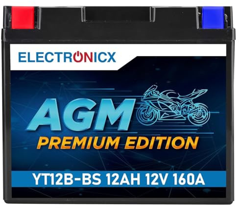 Electronicx AGM Premium YT12B-BS 12V 12Ah – Wartungsfreie, versiegelte Motorradbatterie mit 160A CCA. Leistungsstark, auslaufsicher, vibrationsfest und langlebig – ideal für Motorrad, Roller und Quad.