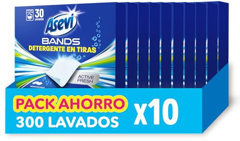 Asevi Bands Detergente en Tiras para Lavadora Active Fresh - Detergente Concentrado Hipoalergénico para Ropa Blanca y de Color Limpia - Blanqueantes Ópticos para un Extra de Luminosidad -10x30 Lavados