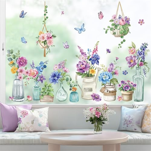 wondever Fensterbilder Garten Blumen Vasen Blau Fenstersticker Frühling | Wiederverwendbar, Doppelseitig Statisch PVC Fensterdeko, Fenster Vogelschutz, Frühling Deko für Glas Tür Wohnzimmer Küche