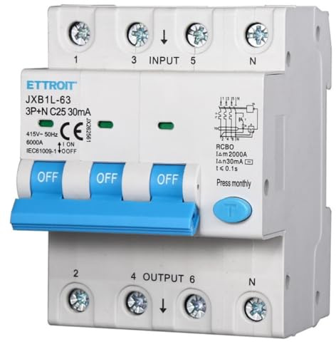 380V 25A C25, INTERRUTTORE MAGNETOTERMICO DIFFERENZIALE SALVAVITA, 3P+N, MONTAGGIO SU BARRA DIN, 4 MODULI, 30mA, 6KA 6000A, RCBO, 415VAC