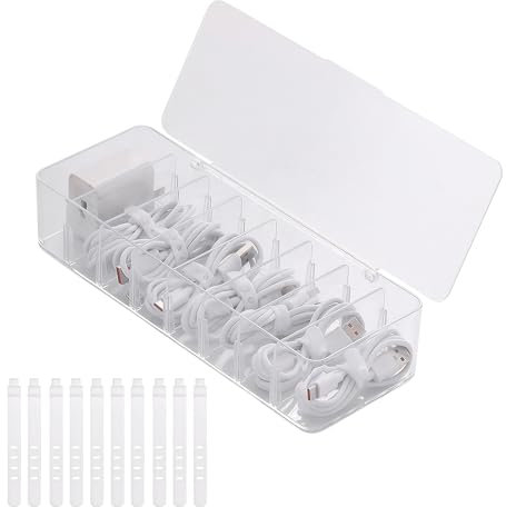 Scatola Porta Cavi Organizer Da Scrivania, Organizer Cavi Elettrici, Organizer Cavi Plastica Trasparente, Con 7 Divisori Rimovibili E 10 Fascette Per Cavi