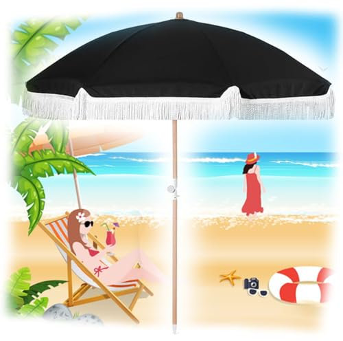 ZYXQQJ Parasol De Plage avec Frange Parasol De Jardin Portable Parasol D'extérieur Protection UV Parasol De Vacances Noir Gothique(2.2m)