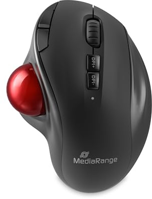 MediaRange Souris Optique sans Fil Trackball à 7 Boutons avec molette de défilement, Boutons DPI et Pouce, 800-2400 DPI, Batterie Rechargeable 600 mAh, pour droitier, Noir/Rouge