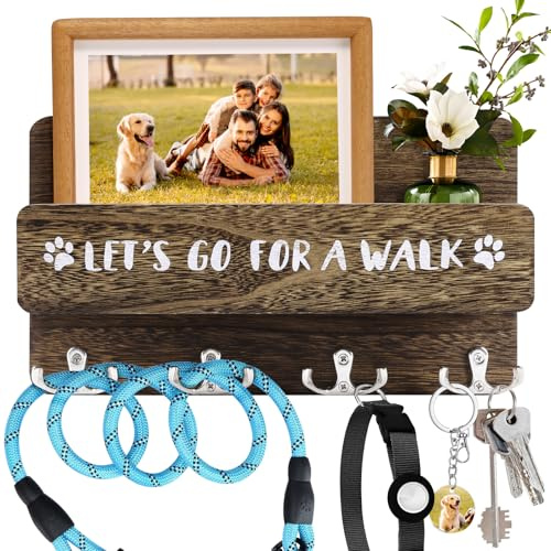 Kinberry Hundegarderobe mit Ablage, Große Kapazität Hunde Garderobe mit 8 Haken, Robust Naturholz Hundeleinen Halterung Wand Geschenke für Hundefreunde für Flur, Eingangsbereich