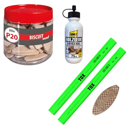 TOX set med flatplugg Biscuit Wood P20 bok (60 st), 2x snickarpenna neongrön, 1x trälim, stabila träförbindelser, 015909007
