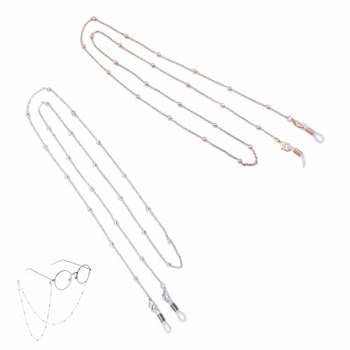 4 Stück Modische Sonnenbrillenbänder Brillen Mit Silikon Antirutsch Ringe | Brillenkette Damen Dünn PerlenBrillenband Eyeglass Chain für Damen Herren Roségold Silber