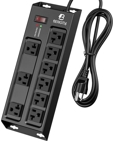 Magnetic Heavy Duty 20A Power Strip with Surge Protector, 9-Outlet Metal Junction Box with 6FT 12/3 Gauge Cord, for Garage, Workshop & Appliance (Black)
