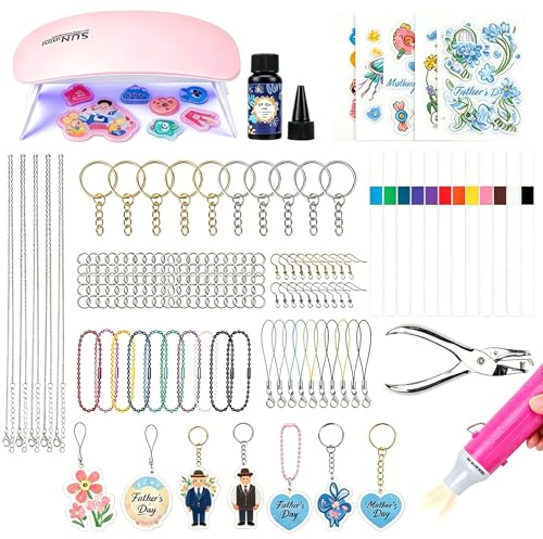 JelyArt 182 Piece Shrink Film Set Shrink Plastic Set with 20 Sheets Shrink Films, Heat Gun, UV Resin, UV Lamp & Keyring Accessories for DIY Jewellery, Rings, Pendants