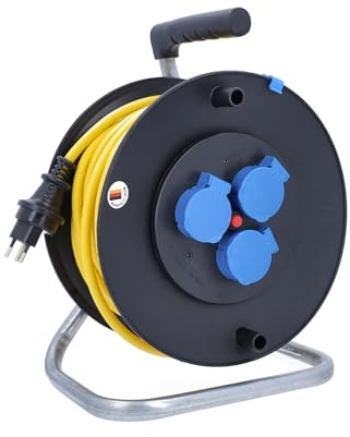 as - Schwabe Carrete de cable 33 m K35 AT-N07V3V3-F 3G1,5 amarillo, IP44 para exteriores, con conector SEV T13 IP55 y 3 enchufes tipo 13, interruptor de protección térmica, fabricado en Alemania