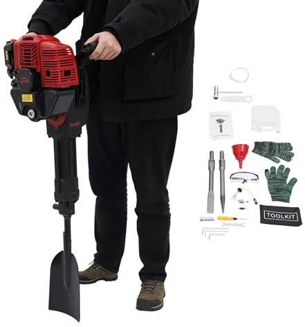 BTGSHYNM Marteau à percussion 52 CC à essence 1900 W avec moteur 2 temps, force de frappe 55 J et 6500 tr/min, marteau burineur pour creuser, démolir, avec pelle, burin pointu et burin plat