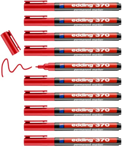 edding 370 Permanentmarker - rot - 10 Stifte - feine Rundspitze 1 mm - wasserfest, schnell-trocknend - Multimarker, Universalstift - für Karton, Kunststoff, Holz, Metall, Glas, Stein, Leinwand