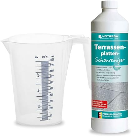 HOTREGA Terrassenplatten-Schonreiniger 1L | Konzentrat Steinreiniger | Pflege für beschichtete & imprägnierte Steinoberflächen | Inklusive Messbecher | Säurefrei & materialschonend