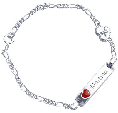 KIDDI-MEDIA ID Armband mit Gravur/für Baby oder Kinder/komplett 925 Silber mit rotem Herz und Engel / 16 cm - verkürzbar durch jede 4. Öse/inkl. Schmuckschachtel