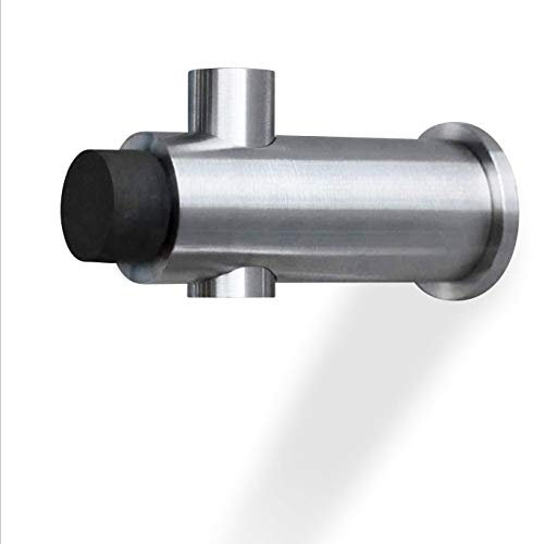 Formschöner Wandhaken aus Edelstahl mit Türstopper, Ø2 x 7,3 cm, matt geschliffen, Stirnseite mit Gummipuffer, Kleiderhaken mit Türschutz - PHOS Design