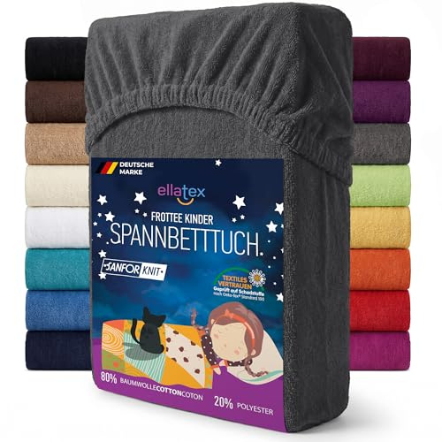 EllaTex Frottee Kinder Spannbettlaken 70x140 – 200 g/m², weich & wärmend, für Kinderbett & Babybett, elastisch & pflegeleicht, Farbe: Anthrazit-Grau