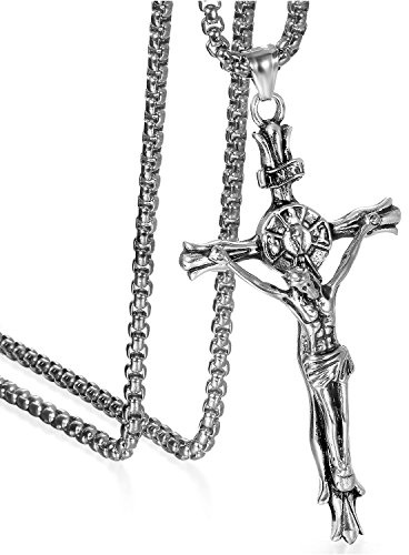 JewelryWe Schmuck Herren Anhänger Halskette Edelstahl großer katholischer Jesus Christus INRI Kruzifix Kreuz Anhänger mit 55cm Venezianer Kette Silber/Gold
