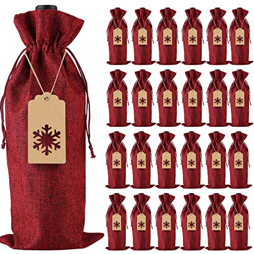 Sackleinen Wein Geschenktüten, Jute Kordelzug Weinflaschenhüllen mit Seilen und Tags für Weihnachten, Hochzeit, Reisen, Geburtstag, Urlaubsparty (24 Stück Weinrot)