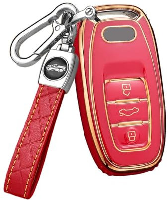 HIBEYO Smart Autoschlüssel Hülle passt für Audi A4 A5 A6 A6L A7 A8 Q5 S5 Q7 Q8 RS S7 SQ Schutzhülle Schlüsselbox Schlüsselhülle Cover Case Schlüssellose Bedientasten Schlüsselanhänger TPU-Rot